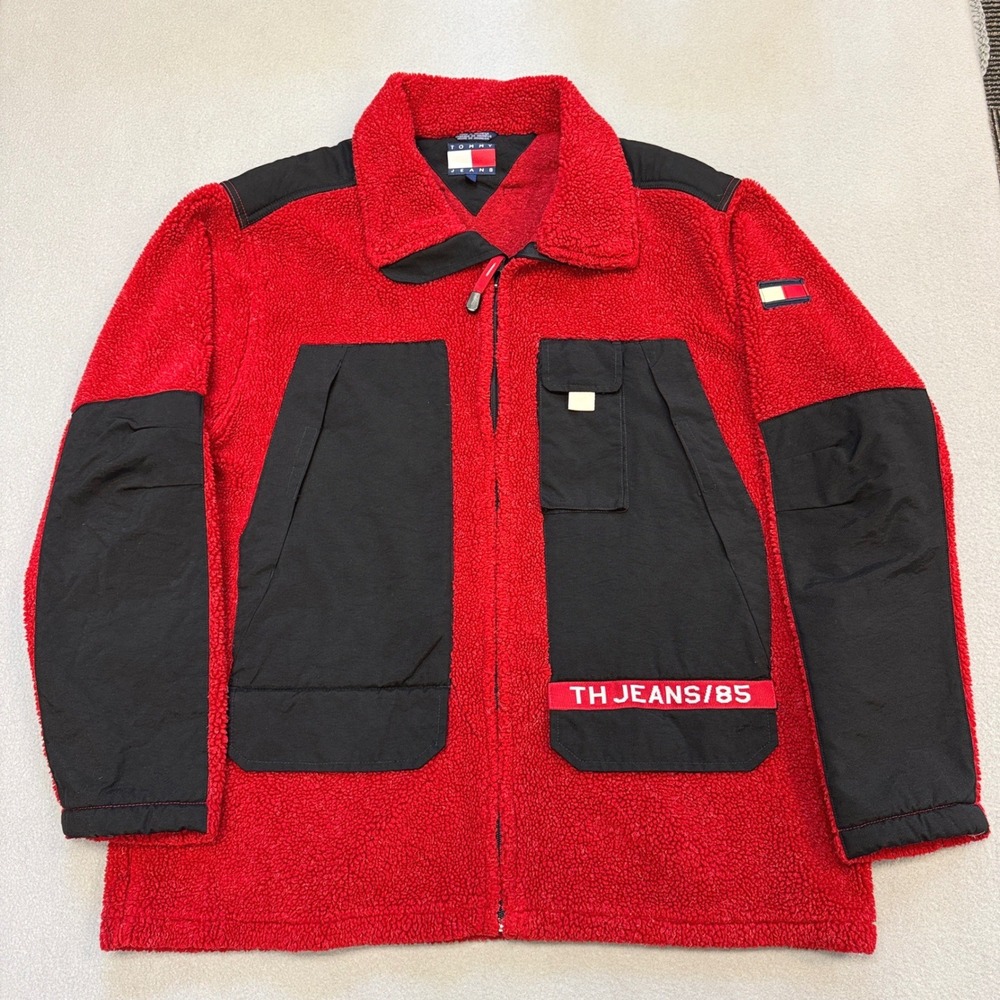 TOMMY JEANS Sherpa Fleece Jacket Mens XL Red Black Full Zip Vintage 2001